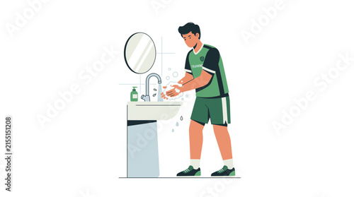 Man washing hands in bathroom, hygiene illustration