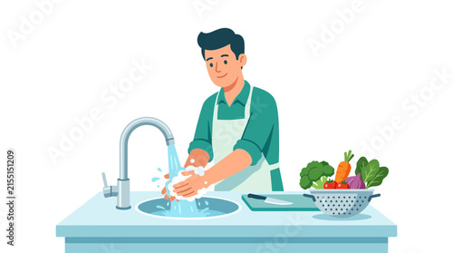 Man washing vegetables at kitchen sink, preparing food