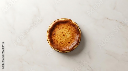 A perfectly baked Basque cheesecake with a caramelized golden-brown crust and a creamy interior centered on a clean white marble background surface