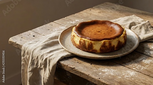 A perfectly baked basqueチーズケーキ or burnt basque cheesecake served on a rustic plate placed on a weathered wooden table with soft morning natural light