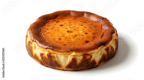 A classic rustic basque cheesecake with a perfectly scorched top surface isolated on a clean white background captured in professional studio lighting