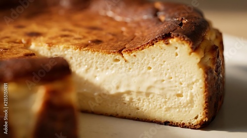 A close-up view of a freshly baked creamy basque cheese cake showing its characteristic dark caramelized burnt top and smooth velvety interior texture