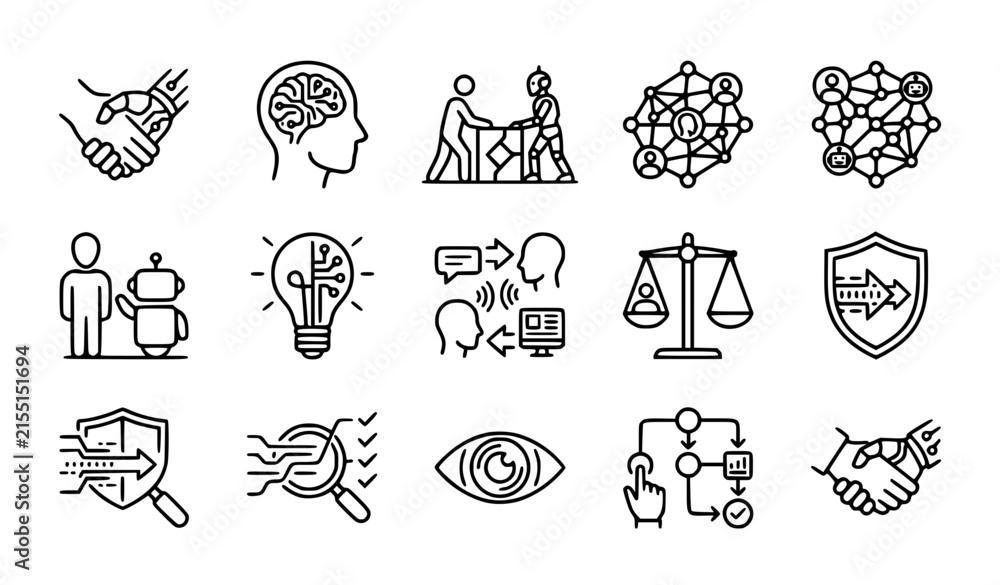 Fototapeta premium Human AI Collaboration and Ethics Line Icon Set for Teamwork and Technology