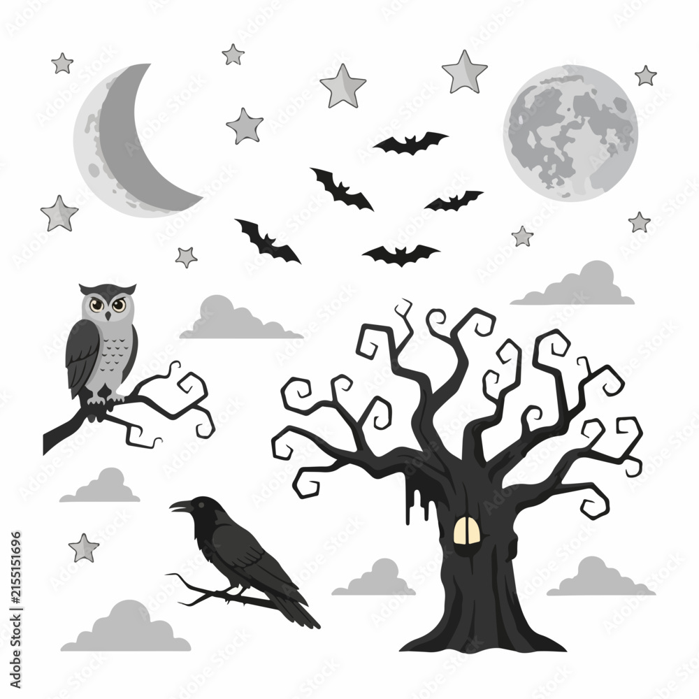 Fototapeta premium Halloween Night Scene with Owl Raven Bats Moon