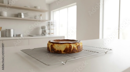 A freshly baked delicious basque cheesecake sitting on a metal cooling rack in a modern minimalist bright kitchen with a blurry background for a bakery