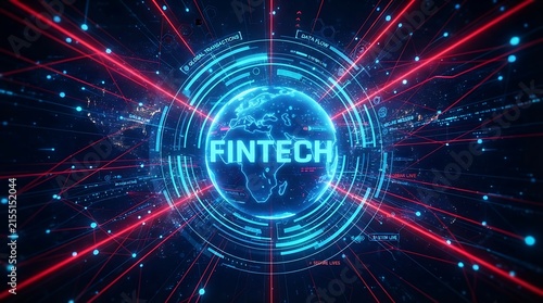 Digital fintech globe with red and blue light trails and connected particles