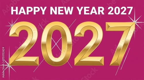 Golden twenty twenty seven text glows on a magenta background with sparkling light effects for a festive holiday greeting card.