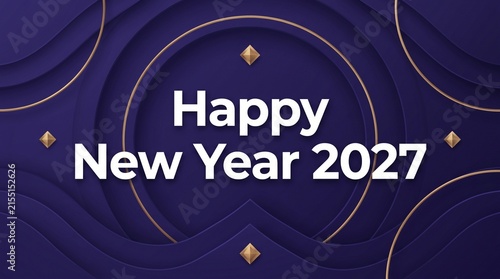 Happy New Year 2027 text displayed over layered geometric purple circles and gold accents for elegant luxury holiday invitations.