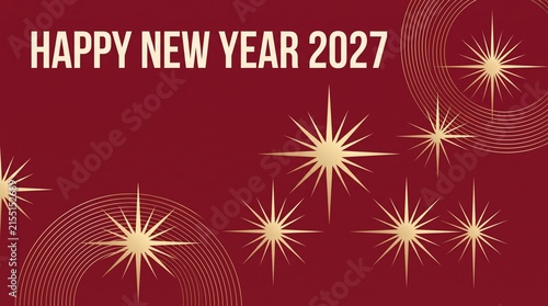 Happy New Year 2027 sign presented over a deep red background with glowing golden burst stars for celebratory seasonal event banners.