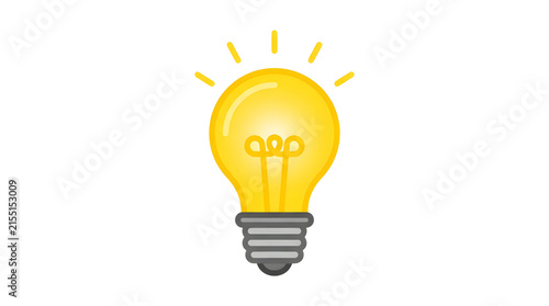Bright yellow light bulb with glowing filament and radiant light rays against a plain white background, symbolizing a creative idea or inspiration
