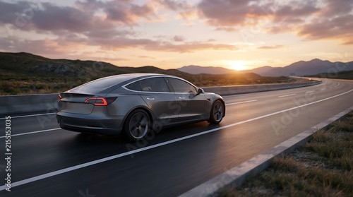 Modern electric car driving on a scenic highway during a beautiful golden sunset.