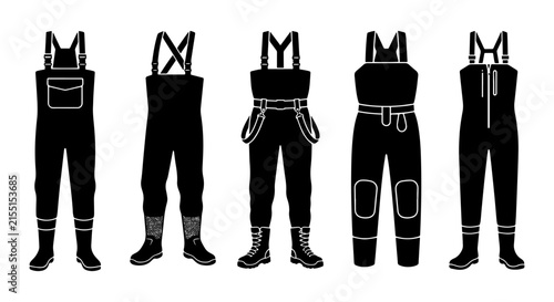 Fishing Waders Collection, Waterproof Overalls Set, Outdoor Gear Icons, Angler Apparel Vector