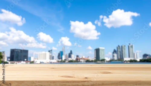 Plakat 都市 街並み 高層ビル 青空 入道雲 木目調カウンター 展望 ボケ味 ぼかし 快晴 昼景 ビジネス オフィス 開放感 プレースホルダー 背景素材 合成用 現代的 ライフスタイル 屋上