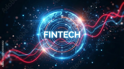 Obraz na płótnie Fintech globe with abstract energy waves and digital particles, artificial intel