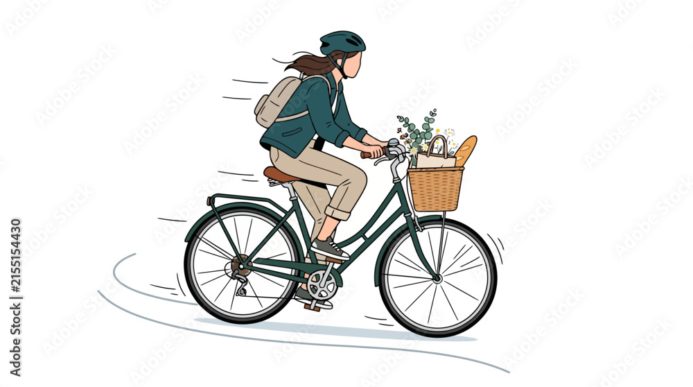 Fototapeta premium A young woman riding a bicycle with a basket through the city.