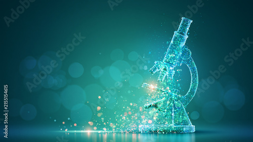 A digital hologram of a microscope composed of glowing blue particles on a teal background with bokeh light effects.
