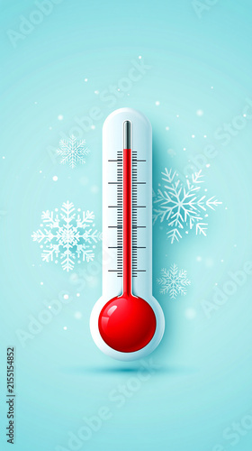 A thermometer displaying a low temperature with snowflakes on a light blue background, symbolizing cold weather or winter conditions.