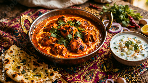 Rich Indian butter chicken curry in copper pot served with naan bread, raita, and fresh cilantro, authentic Indian cuisine.