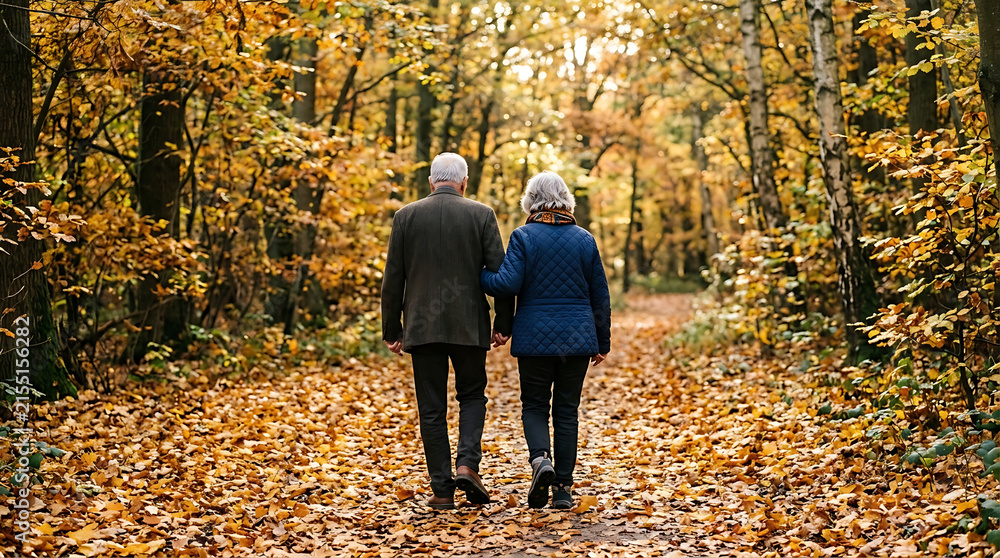 Fototapeta premium Elderly couple walking arm in arm on a leaf covered path in a vibrant golden autumn forest during golden hour autumn fall atmosphere
