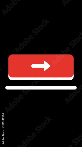 Vertical 9:16 flat red CTA button press animation with white cursor and confirmation bar on black background for 4K luma key overlay