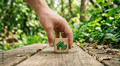 Hand placing wooden cube with green house and leaf symbol on wooden path in nature