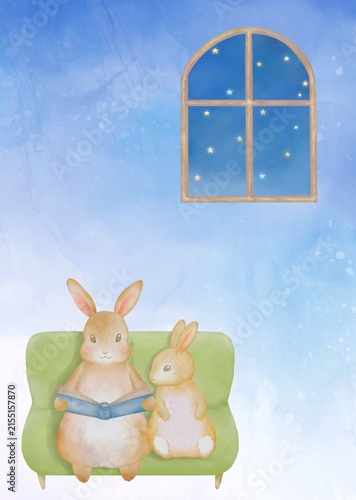 星空の夜にソファで絵本を読むうさぎの親子。寝る前の読み聞かせを表現した縦長の水彩イラスト。