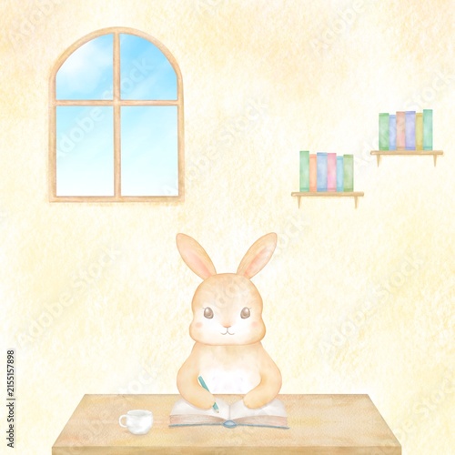 机に向かってノートに書き込む可愛いうさぎ。室内風景の水彩イラスト。学習・勉強・教育の素材。