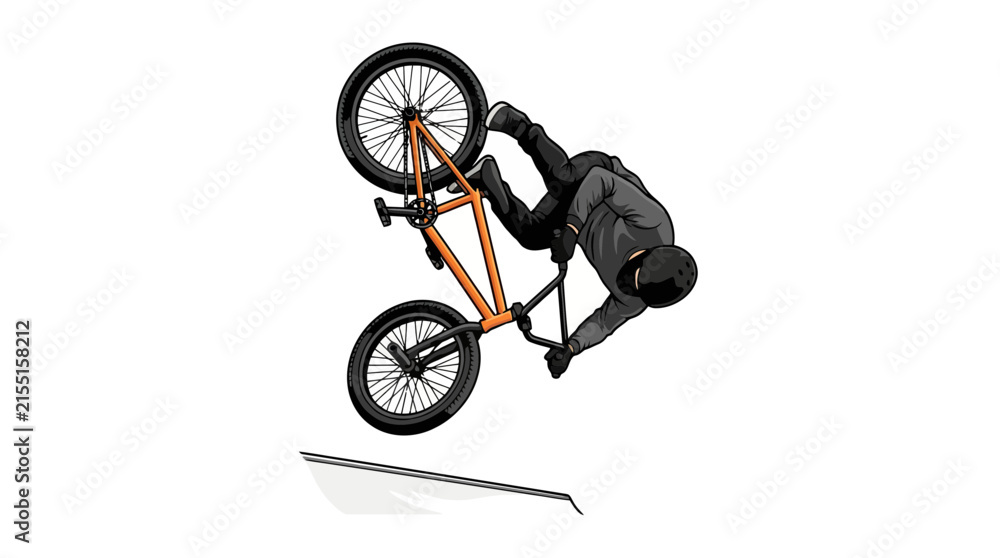Fototapeta premium A BMX rider performing an aerial stunt on an orange bicycle against a white background.