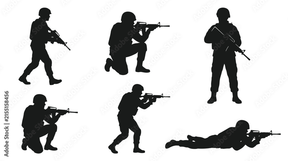 Obraz premium Military soldier silhouettes set with rifles in various tactical combat action poses