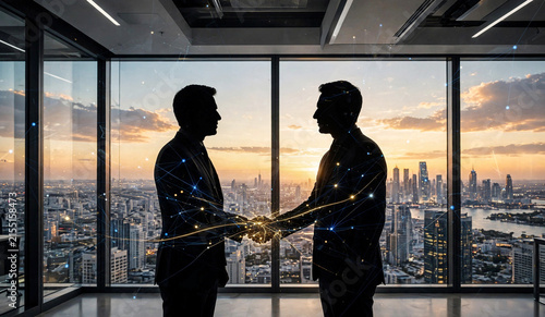 Futuristic Tech Handshake Silhouette of Business Partners in Corporate Glass Office Against Sunset Metropolis Backdrop, Conceptual Theme for Venture Capital, Cyber Security and Trust.