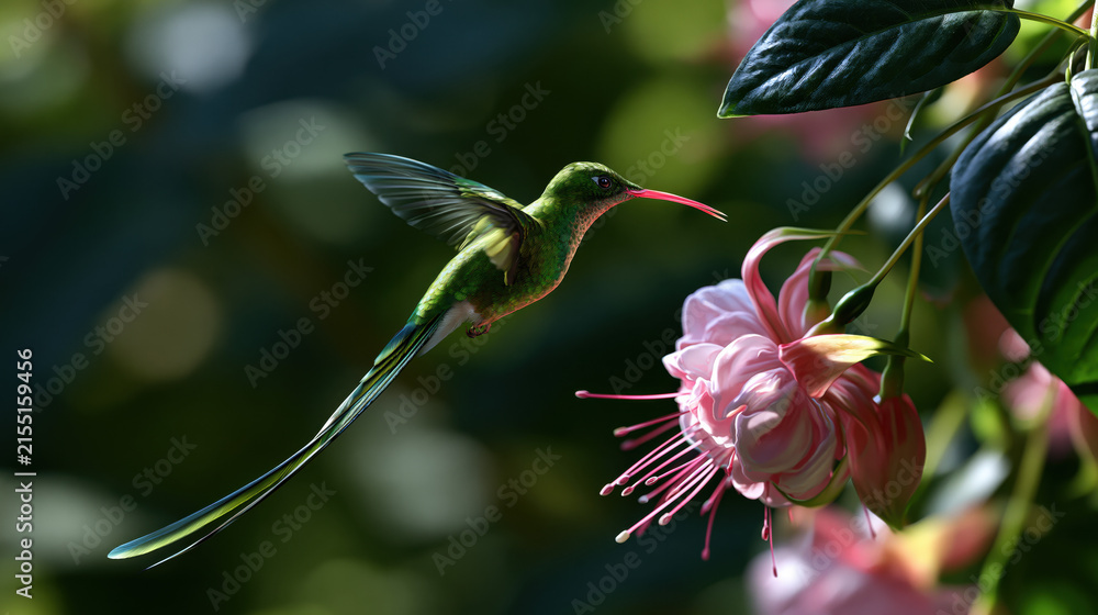 Naklejka premium red billed streamertail hummingbird flying between flowers