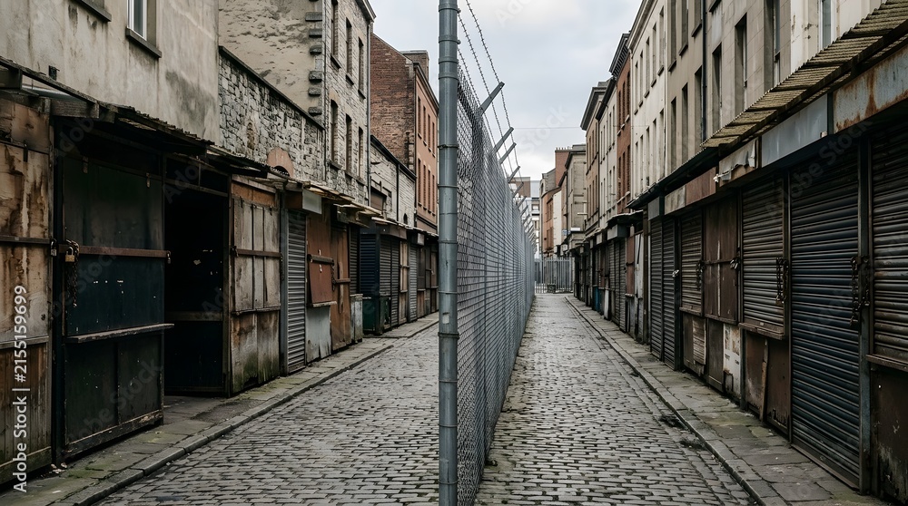 Fototapeta premium Gritty urban alleyway with closed shop shutters and chain fence