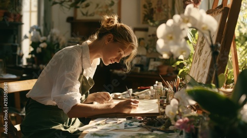 Young female painter wearing an apron sketches on paper at an easel table surrounded by orchids.