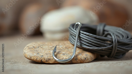 Metallic fishing hook on stone with coiled line, fishing gear still life concept