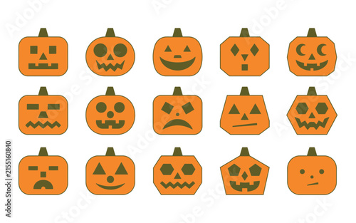 Set of fifteen different orange halloween pumpkin icons with various spooky and funny carved facial expressions