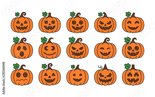 Set of fifteen cute and spooky halloween jack o lantern pumpkin icons with various facial expressions