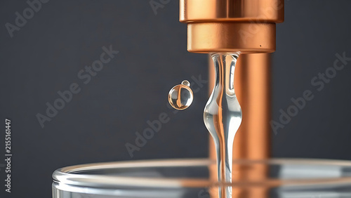 A single clear droplet falling from a copper coil into a glass container.