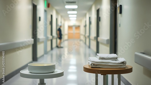 Hospital corridor with ceramic dish of translucent gel and folded linen cloth, healthcare and calmness concept