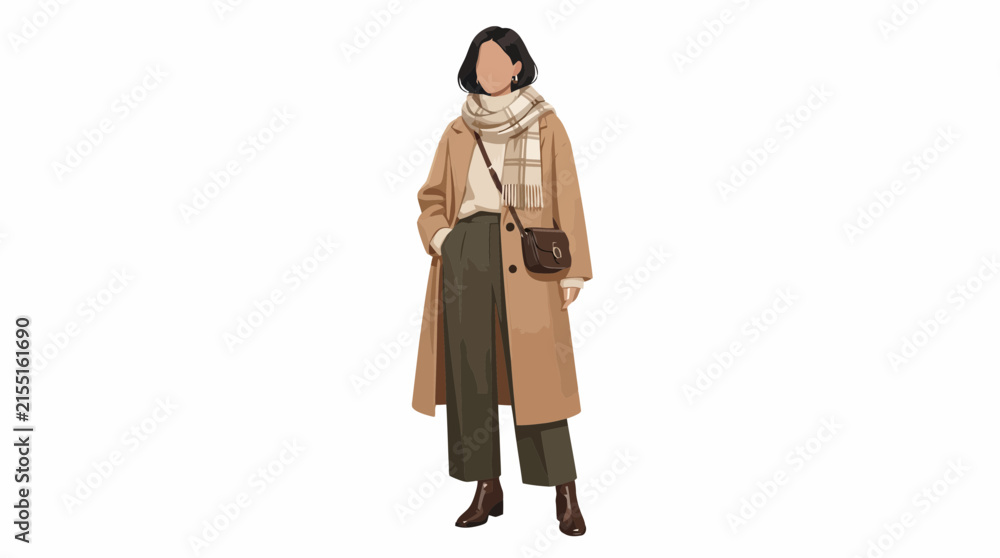 Fototapeta premium A stylish woman wearing a long camel coat and olive trousers.