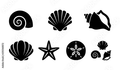 Fotografie Marine silhouette icon collection featuring spiral shell scallop conch clam star