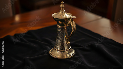 Engraved silver flagon resting on dark velvet cloth with a soft gleam of light.