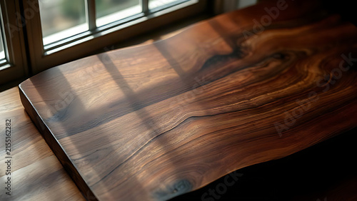 Polished ironwood cutting board with fine grain patterns in soft window light.