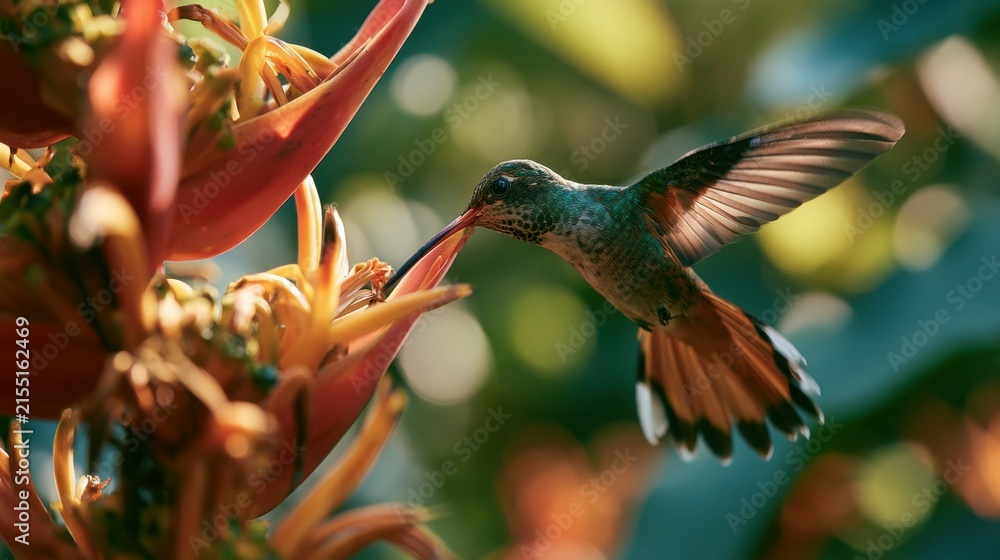 Naklejka premium Hummingbird hovers near bright orange tropical blossoms to feed on nectar in a natural environment.