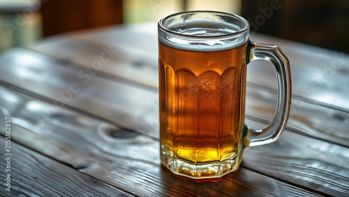 Glass mug filled with golden ale, condensation on side, resting on worn wooden table.