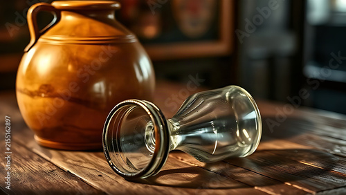An empty flagon lying next to a clay jug on a rustic wooden table.