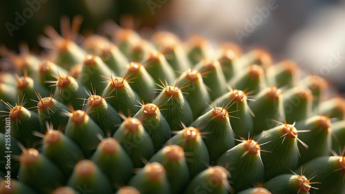 Close-up of cactus surface with grid of tiny areoles in sunlight.