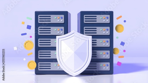 3D illustration of server racks with shield showing protection for data security, cloud computing technology and digital safety.