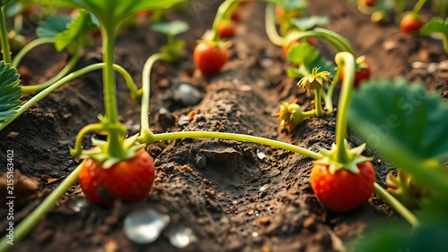 A macro view of a strawberry field with slender green runners stretching across the soil.