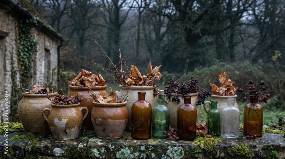 Fototapeta premium Rustic jars and bottles filled with dried leaves and berries sit on a mossy stone wall in a gloomy, wooded outdoor setting near an old ivy-covered building.