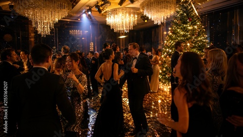 Festive Gala Night: Elegance and revelry fill a grand ballroom as elegantly dressed guests dance under shimmering chandeliers, with a beautifully adorned Christmas tree in the background.